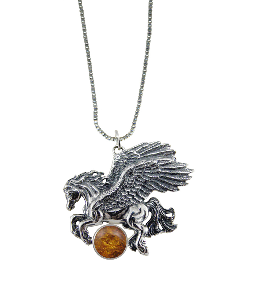 Sterling Silver Detailed Winged Horse Pegasus Pendant With Amber